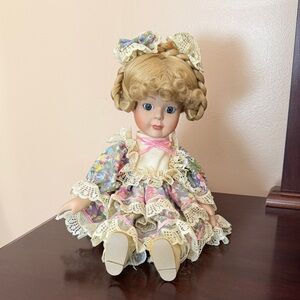 Vintage Porcelain Doll in Floral Lace Dress